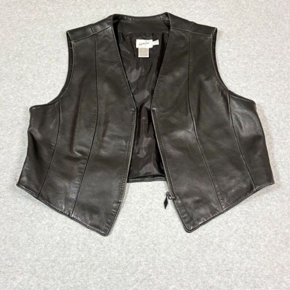 Y2K Genuine Leather Black Moto Vest Women’s 14P Petite Fitted Zip Biker